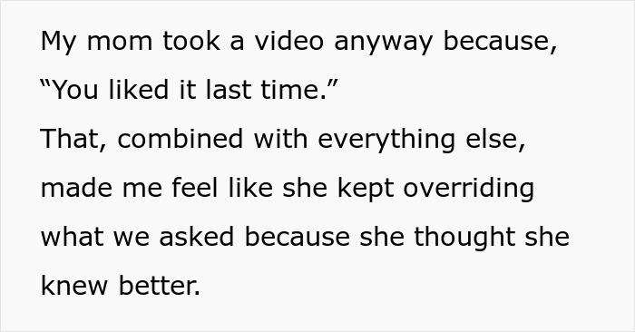 A screenshot showing text about Mom overriding DILs delivery preferences, believing she knew better, during DILs delivery.