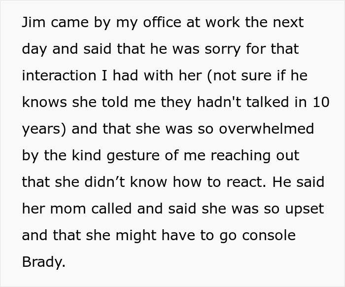 Text describing Jim apologizing for the interaction, but the GF still claiming 10 years of no contact.