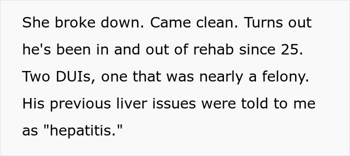 Wife reveals brother's history of rehab, DUIs, and liver issues, impacting kidney donation decision. Wife reveals brother's history of rehab, DUIs, and liver issues, impacting kidney donation decision.