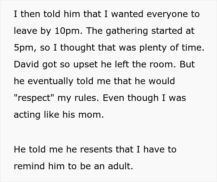 A screenshot of text describing a woman's childish BF getting upset about party rules, leading to breaking up. A screenshot of text describing a woman's childish BF getting upset about party rules, leading to breaking up.