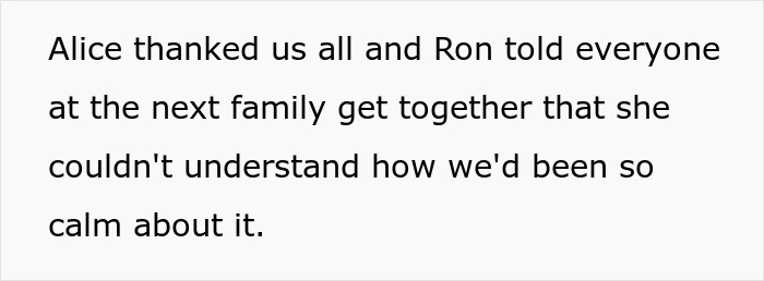 Text about Alice thanking guests and Ron telling everyone about their calm reaction to the wedding sabotage. Text about Alice thanking guests and Ron telling everyone about their calm reaction to the wedding sabotage.