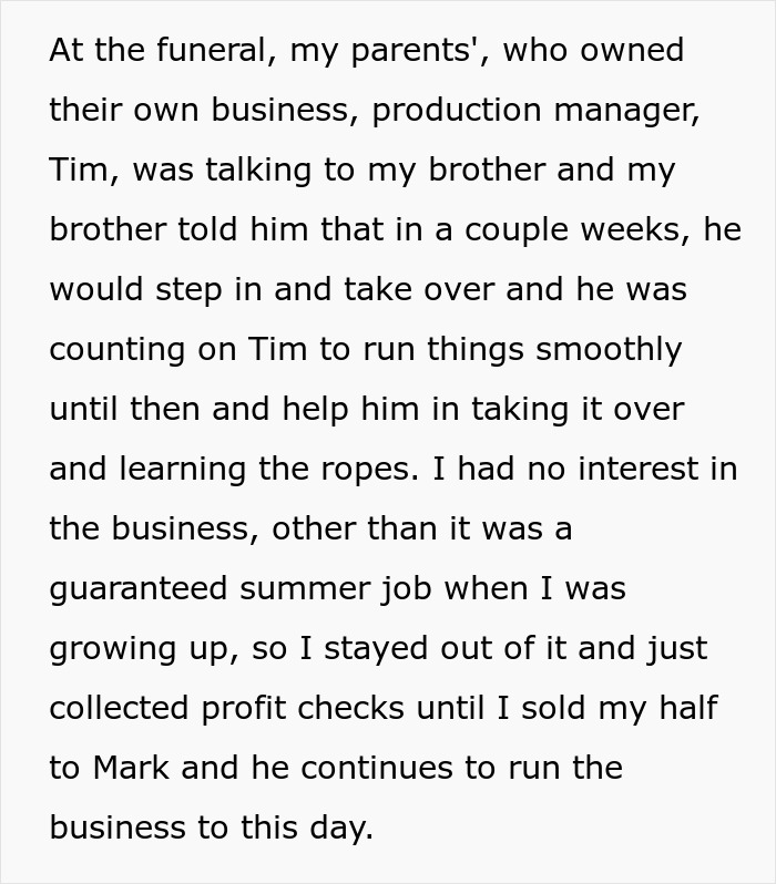 A screenshot of text detailing the funeral and the brother stepping in to manage the business. A screenshot of text detailing the funeral and the brother stepping in to manage the business.