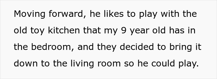 The nephew, who punched the baby daughter, likes to play with a toy kitchen in the living room. Man punishes nephew.