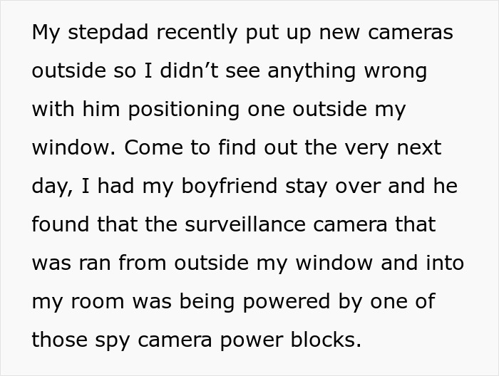 Screenshot of text explaining how a spy camera was discovered in a room, connected to a power block by a step-dad. Screenshot of text explaining how a spy camera was discovered in a room, connected to a power block by a step-dad.