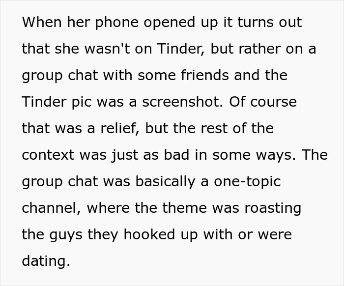 Text revealing the accidental peek at the phone was a group chat, not Tinder, changing everything for the guy.