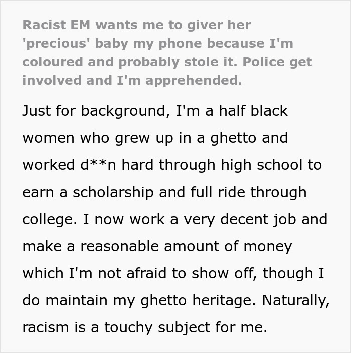 Text detailing a 'Racist Karen' accusing a Black woman of stealing an expensive phone, leading to police involvement. Text detailing a 'Racist Karen' accusing a Black woman of stealing an expensive phone, leading to police involvement.