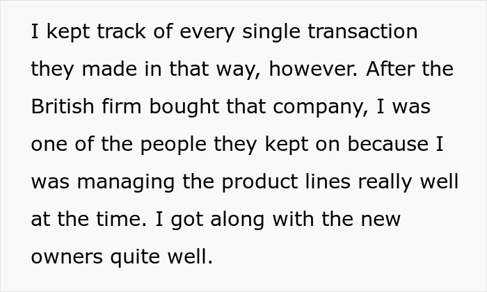 Text explaining how a worker kept track of fraudulent transactions and was retained by new owners. Text explaining how a worker kept track of fraudulent transactions and was retained by new owners.