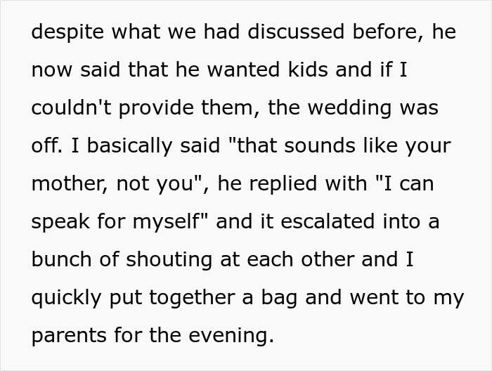 Text about the son wanting kids, calling off the wedding, and the woman leaving after being called defective.