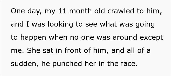 A baby daughter getting punched by her nephew while the man looks on. The man punishes nephew for punching baby.