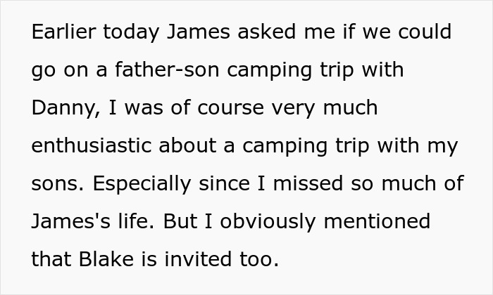 Text snippet about a dad planning a camping trip with his sons, including biological and adopted. Text snippet about a dad planning a camping trip with his sons, including biological and adopted.