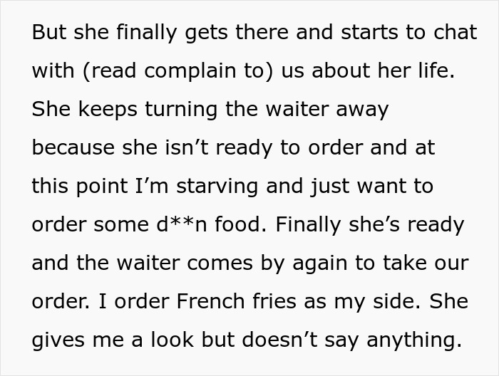 Screenshot detailing the aunt's complaints during family dinner and insult towards pregnant wife.