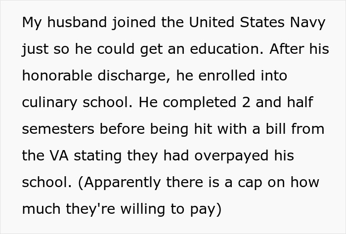Text detailing how the husband's education through the US Navy led to a VA overpayment bill, impacting the long-lost $6K. Text detailing how the husband's education through the US Navy led to a VA overpayment bill, impacting the long-lost $6K.