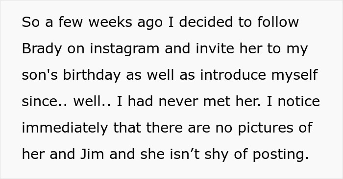 Screenshot of text about a guy's GF. The text mentions following Brady on Instagram and noticing no pictures of her and Jim.