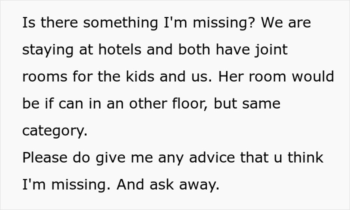 Text asking for advice on nanny accommodations on family vacation, suggesting separate floors for her room.