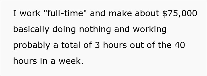 Screenshot of text detailing a woman's easy job, making $75,000 annually with minimal work hours. Screenshot of text detailing a woman's easy job, making $75,000 annually with minimal work hours.