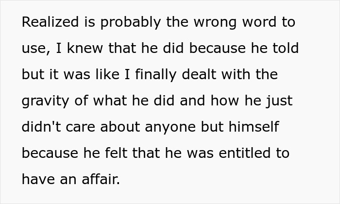 A woman deals with the gravity of her husband's affair, realizing he felt entitled to cheat on his pregnant wife. A woman deals with the gravity of her husband's affair, realizing he felt entitled to cheat on his pregnant wife.
