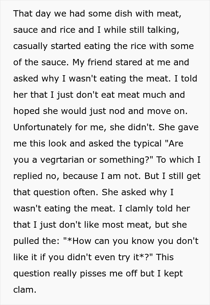 Screenshot of text: Teen shows friend exactly what happens when forced to eat meat, revealing a dislike for meat. Screenshot of text: Teen shows friend exactly what happens when forced to eat meat, revealing a dislike for meat.