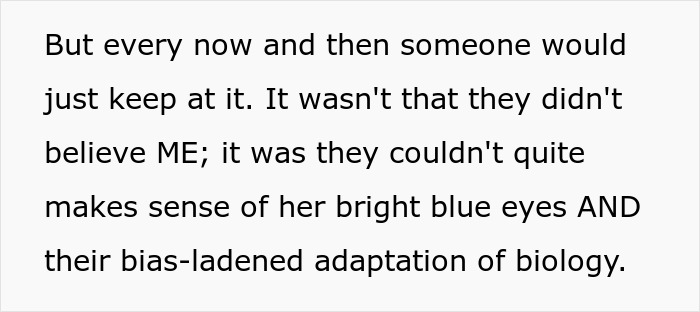 Text snippet: Mixed-race mom notes strangers struggle to understand her blue-eyed kid's biology due to bias. Text snippet: Mixed-race mom notes strangers struggle to understand her blue-eyed kid's biology due to bias.