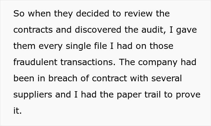 Text revealing a worker providing files on fraudulent transactions to new owners after an audit. Text revealing a worker providing files on fraudulent transactions to new owners after an audit.