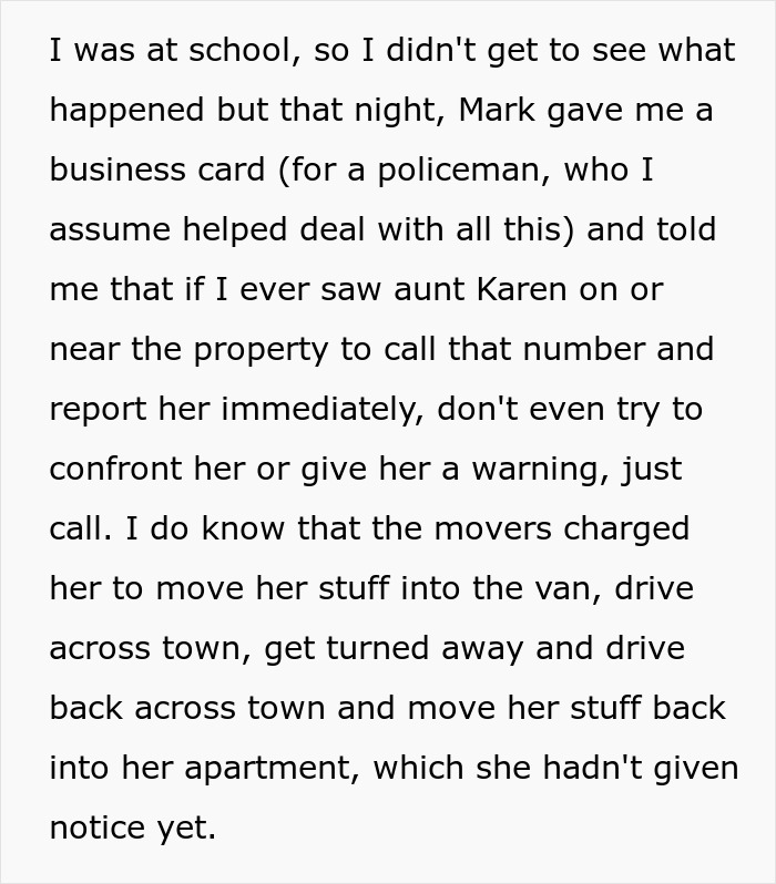Police business card given to report entitled aunt if seen near the property again, after trying to take over home. Police business card given to report entitled aunt if seen near the property again, after trying to take over home.