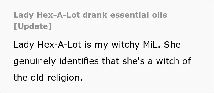Screenshot of text about witching MIL Lady Hex-A-Lot and her most recent potion, mentioning essential oils.