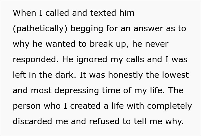 A screenshot of text about a man hiding his baby from his family and refusing to answer why he broke up.