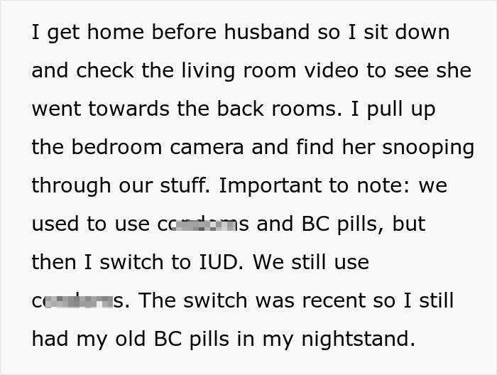 A screenshot of text describing a MIL snooping for BC pills, wanting her DIL to have kids and give her grandbabies.