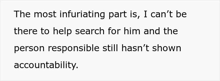 Text expressing frustration about not being able to search for a lost cat and the house sitter's lack of accountability.