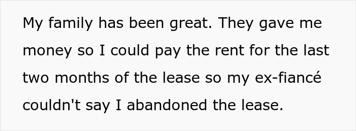 A screenshot of a paragraph explaining how a woman's family helped her pay rent after leaving her fiancé. A screenshot of a paragraph explaining how a woman's family helped her pay rent after leaving her fiancé.