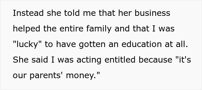 A woman seeking apology for college fund issue, facing family telling her to move on, depicted by text stating she was lucky. A woman seeking apology for college fund issue, facing family telling her to move on, depicted by text stating she was lucky.