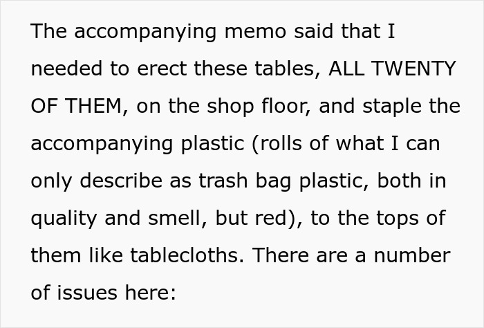 Text detailing a boss's stupid idea to physically prevent customers from entering a store by erecting twenty tables. Text detailing a boss's stupid idea to physically prevent customers from entering a store by erecting twenty tables.