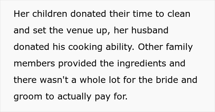 Family members donated their time and skills to clean, set up, and cook for the wedding. Family members donated their time and skills to clean, set up, and cook for the wedding.