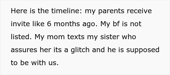 Timeline text: parents receive wedding invite, bridesmaid boyfriend not listed, sister assures it's a glitch.