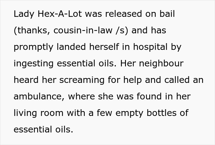 Screenshot of text about a witchy MIL in the hospital after ingesting essential oils as a potion.