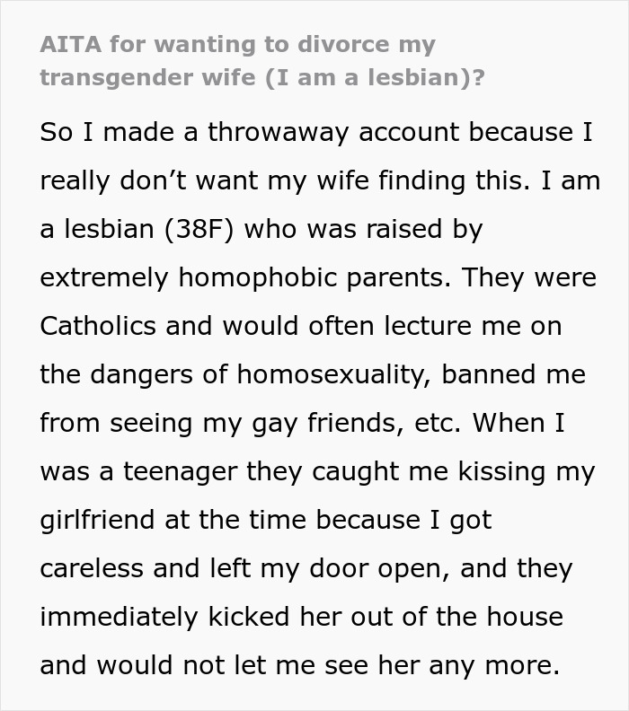 Woman in shock as husband decides to transition. Text about her being lesbian and her husband transitioning. Woman in shock as husband decides to transition. Text about her being lesbian and her husband transitioning.