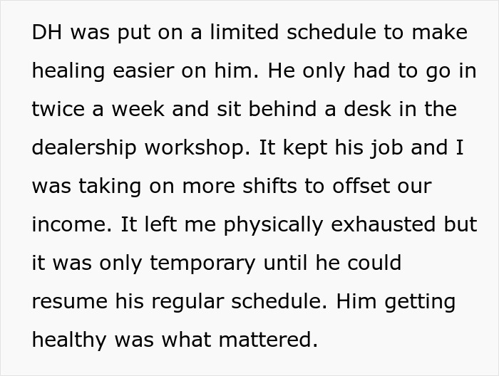 A white image with black text explaining DH's limited work schedule for healing and DIL taking more shifts, about MIL evicts herself.