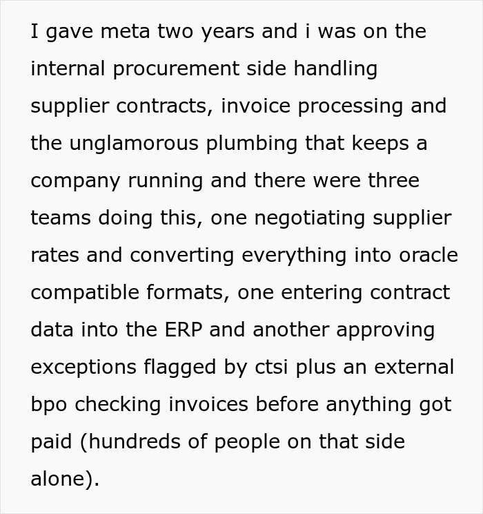 Text outlining an ex-Meta worker's role in procurement, describing how AI replaced his team's complex tasks. Text outlining an ex-Meta worker's role in procurement, describing how AI replaced his team's complex tasks.