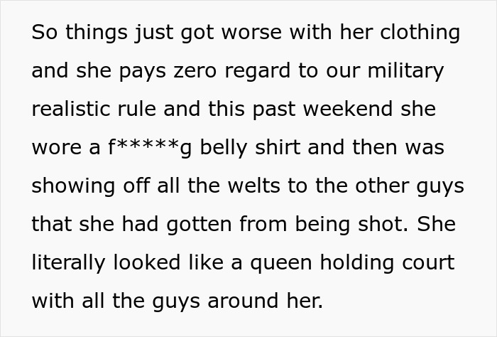 Airsoft leader describes a woman ignoring dress code, wearing a belly shirt, and showing welts from being shot. Airsoft leader describes a woman ignoring dress code, wearing a belly shirt, and showing welts from being shot.