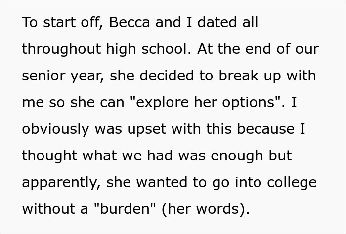 Text describing the cheating ex's high school breakup and desire to explore options.