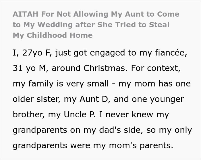 Screenshot of text about a woman banning her aunt from her wedding who changed her grandpa's will. Screenshot of text about a woman banning her aunt from her wedding who changed her grandpa's will.