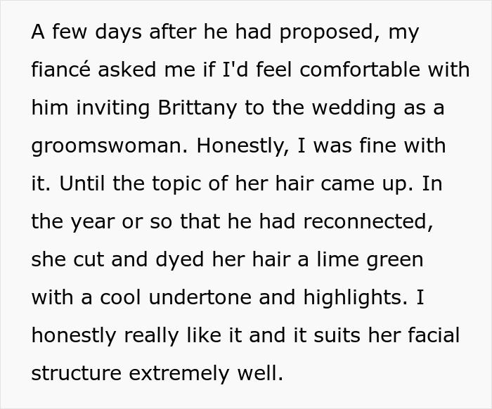 A woman's scary fixation over groom and green hair issues for wedding photos.