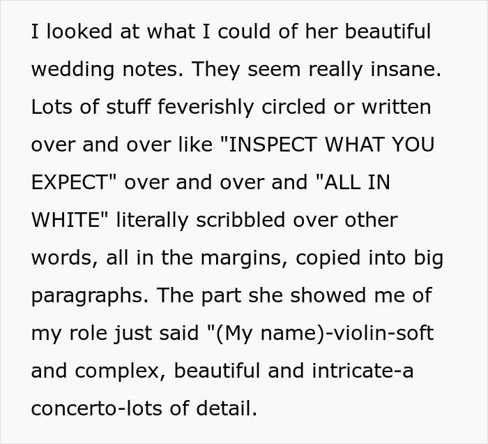 Wedding notes show insane details, including the former classmate's name for violin music at the wedding.