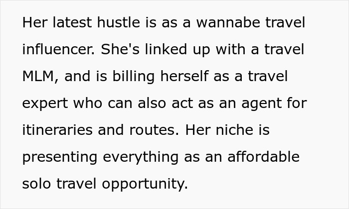 Screenshot of text describing a travel influencer's claims of affordable solo travel opportunities. Screenshot of text describing a travel influencer's claims of affordable solo travel opportunities.
