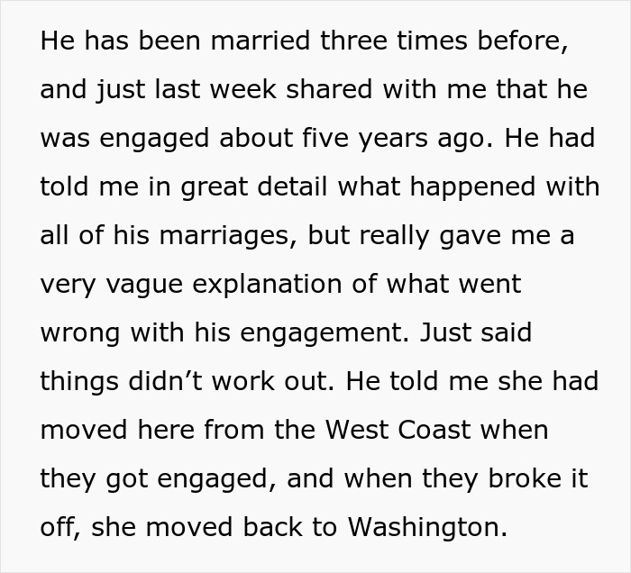 Screenshot of text detailing a BF's vague explanation of a past engagement for his 10-day trip.