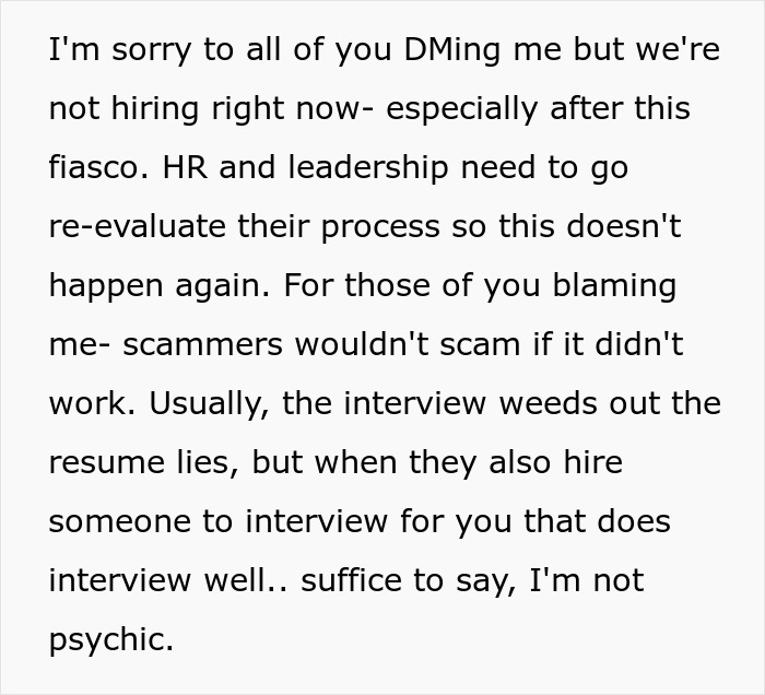 A software engineer finds out about a new hiring scam. The image shows a text describing the hiring fiasco.