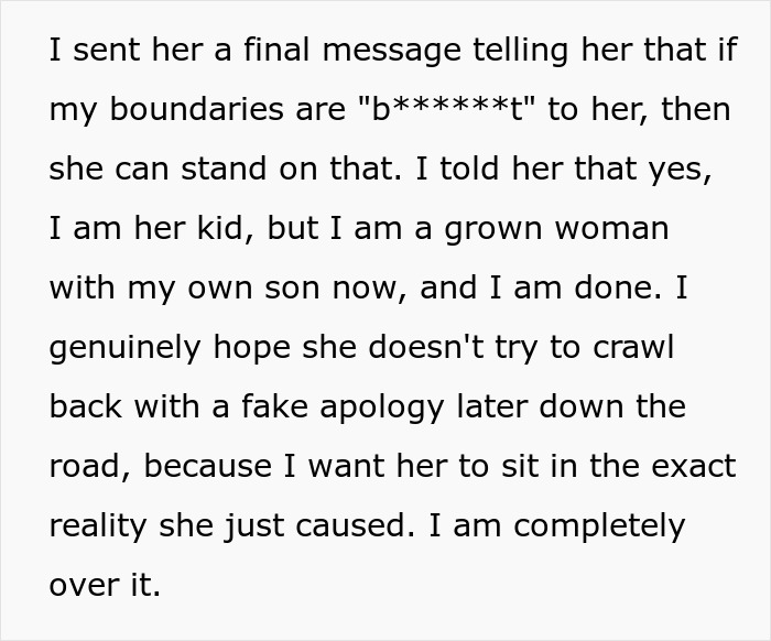 Screenshot of text about delusional mom threatening to sue daughter because she doesnt feel safe around her dog. Screenshot of text about delusional mom threatening to sue daughter because she doesnt feel safe around her dog.