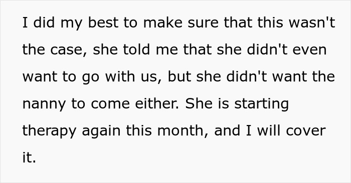 Text about a family vacation where the nanny's presence caused problems, leading to therapy.