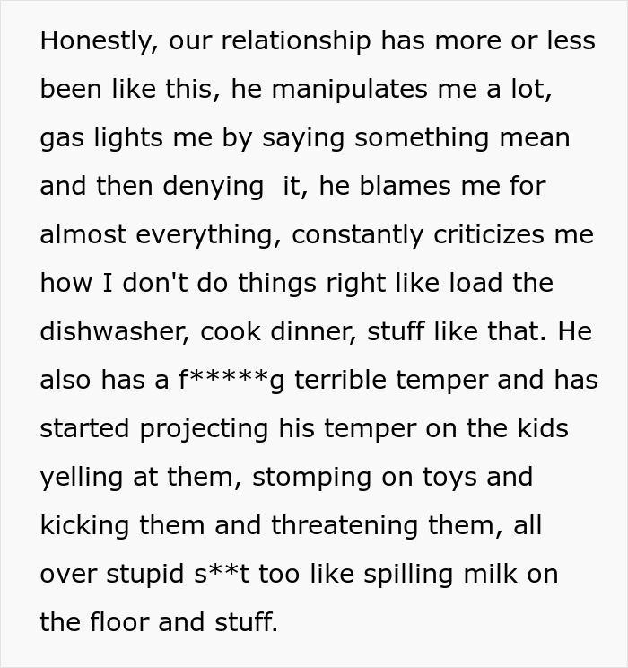 Text about a man manipulating and gaslighting his pregnant wife, projecting his temper on the kids after his affair. Text about a man manipulating and gaslighting his pregnant wife, projecting his temper on the kids after his affair.