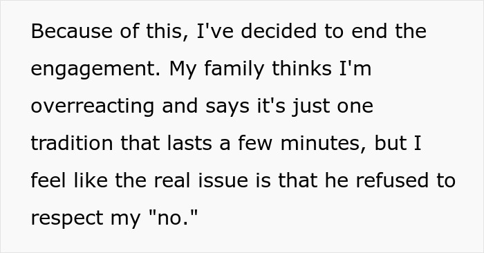 Screenshot of text about ending an engagement after a man's refusal to respect a girlfriend's 'no' before marriage.