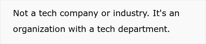 A software engineer clarifies that their organization has a tech department, not a tech company, in the context of a hiring scam.